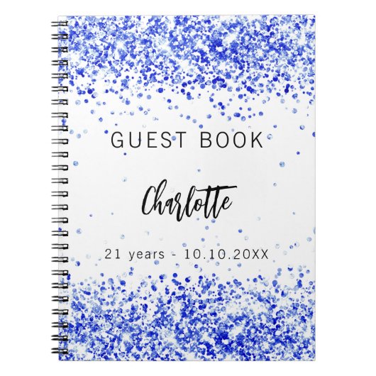 Gastenboek verjaardag koninklijk blauw wit confett notitieboek (Voorkant)