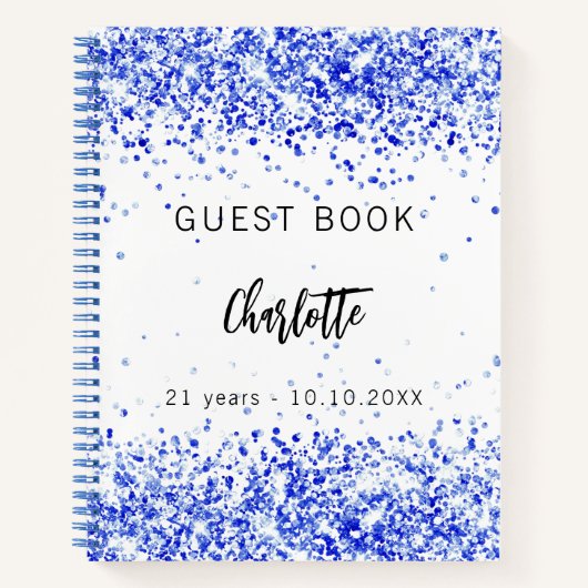 Gastenboek verjaardag koninklijk blauw wit confett notitieboek (Voorkant)