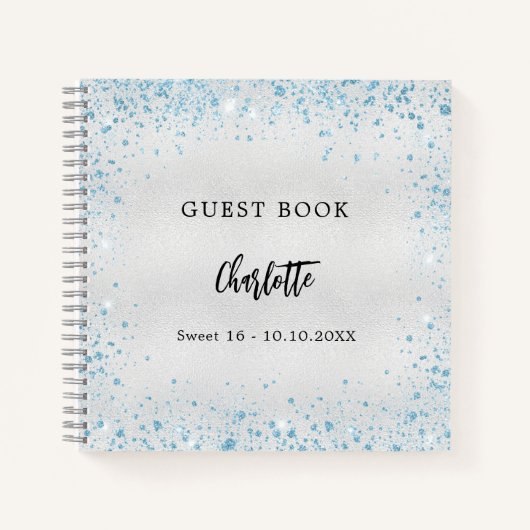 Gastenboek verjaardag zilveren blauwe sparkles notitieboek (Voorkant)