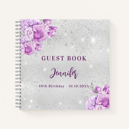 Gastenboek verjaardag zilveren roze violette bloem notitieboek (Voorkant)