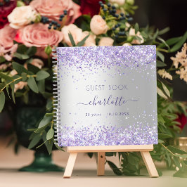 Gastenboek verjaardag zilveren violet glitter naam notitieboek