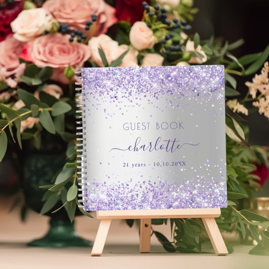Gastenboek verjaardag zilveren violet glitter naam notitieboek