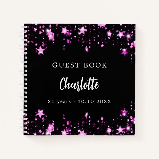 Gastenboek verjaardag zwart roze sterren naam notitieboek (Voorkant)