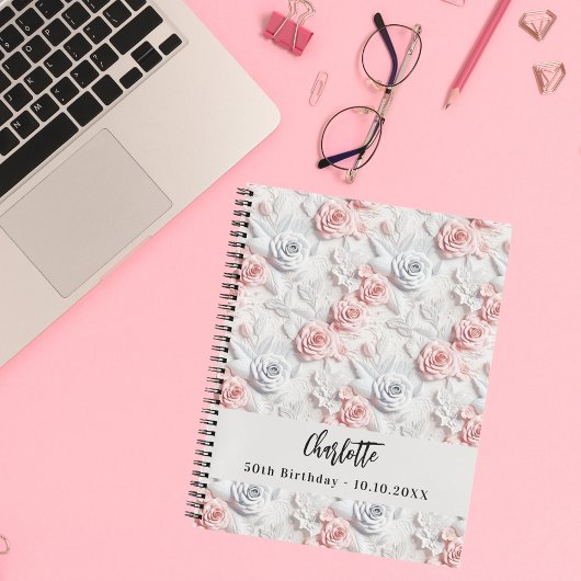 Gastenboek verjaardagsbloemen roze witte naam notitieboek