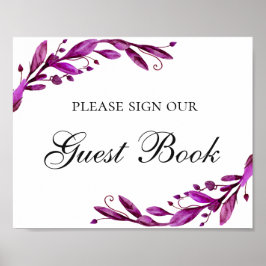Gastenboek. Waterverf paarse bloemige bruiloft Poster