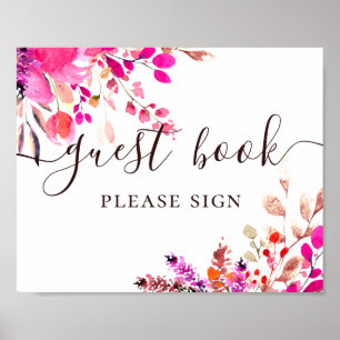 Gastenboek. Waterverf roze bloemenscript bruiloft Poster