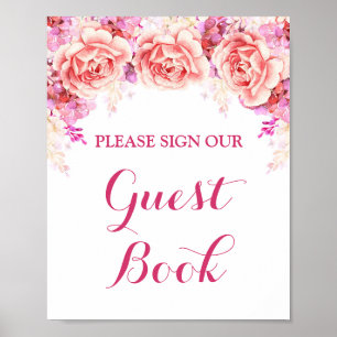 Gastenboekbord Wit Roze Waterverf Bloemen Poster