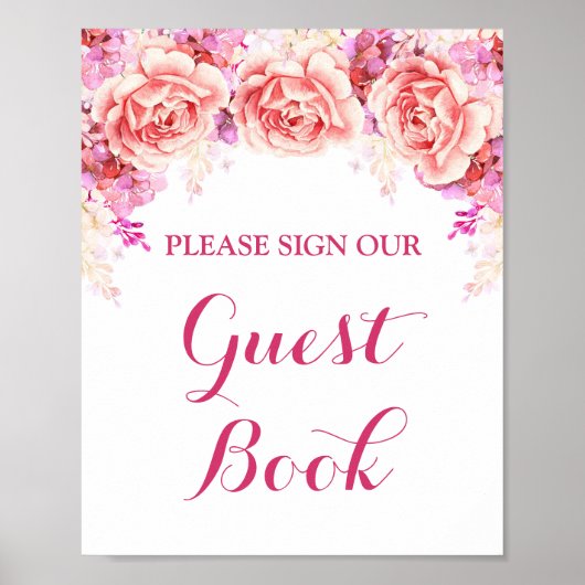 Gastenboekbord Wit Roze Waterverf Bloemen Poster (Voorkant)