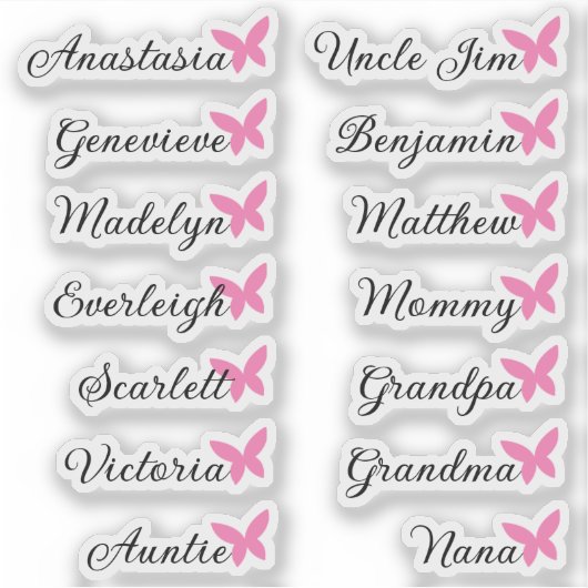 Gastenlijst 14 Namen Kalligrafie Roze Vlinder Sticker (Voorkant)