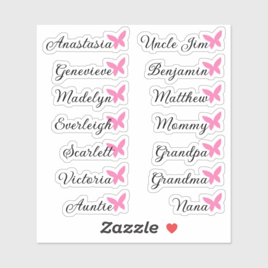 Gastenlijst 14 Namen Kalligrafie Roze Vlinder Sticker (Vel)