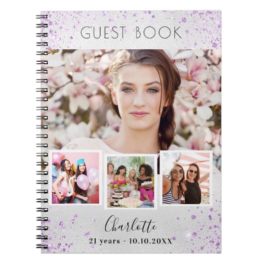 Gastenverjaard zilveren violet fotocollage notitieboek (Voorkant)