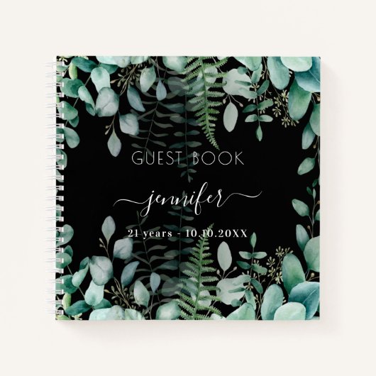 Gastenverjaardag zwarte eucalyptusbos notitieboek (Voorkant)