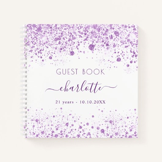 Gastenverjaardagsviolet monogram witte glitter notitieboek (Voorkant)