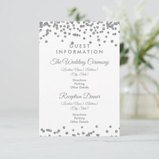 Gastinformatie Silver Glitter Confetti White Informatiekaartje (Staand voorkant)