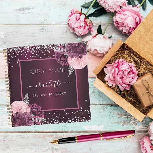 Gastjaarverjaardag burgundy zilfloral notitieboek