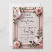 Gastnamen, Roze Rozen & Duiven Bruiloft Kaart (Voorkant)