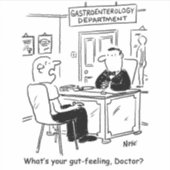 Gastro-enterologische Cartoon Patiënt bij chirurgi Sticker (Voorkant)