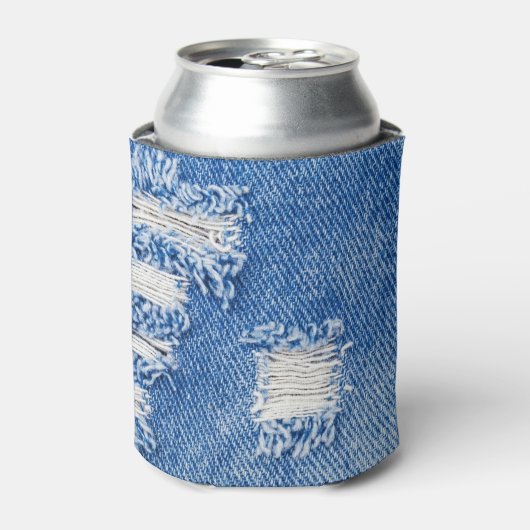 Gat, denim jeans, gescheurde textuur blikjeskoeler (Blikje Voorkant)