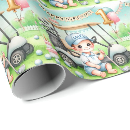 Gat in een 1e verjaardag Golf Boy Waterverf Cadeaupapier (Rol Hoek)