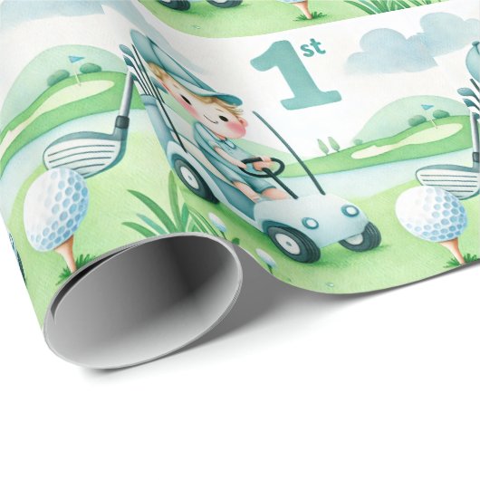 Gat in een 1e verjaardag Golf Boy Waterverf Cadeaupapier (Rol Hoek)