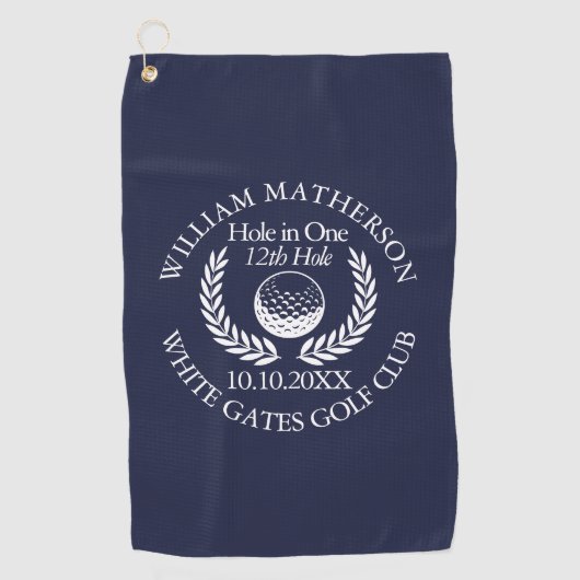 Gat in een aangepaste golfbal krans marineblauw golfhanddoek (Voorkant)