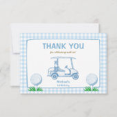 Gat in een blauwe gingham golf 1e verjaardagsfeest bedankkaart (Voorkant)