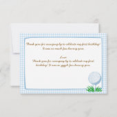 Gat in een blauwe gingham golf 1e verjaardagsfeest bedankkaart (Achterkant)