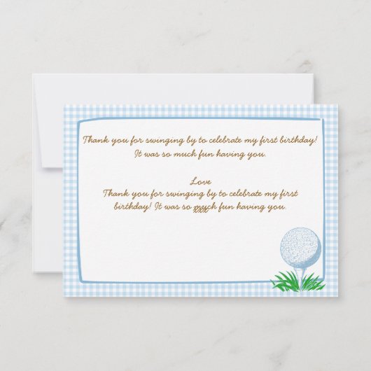 Gat in een blauwe gingham golf 1e verjaardagsfeest bedankkaart (Achterkant)