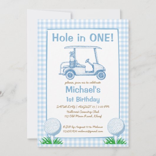 Gat in een blauwe gingham golf 1e verjaardagsfeest kaart (Voorkant)