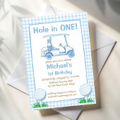 Gat in een blauwe gingham golf 1e verjaardagsfeest kaart