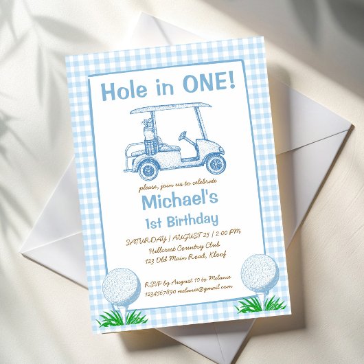 Gat in een blauwe gingham golf 1e verjaardagsfeest kaart