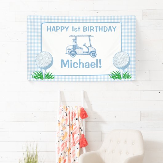 Gat in een blauwe gingham golf partij gelukkige ve spandoek (Insitu)