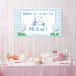 Gat in een blauwe gingham golf partij gelukkige ve spandoek