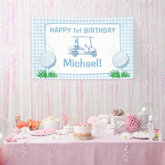 Gat in een blauwe gingham golf partij gelukkige ve spandoek (Feest)