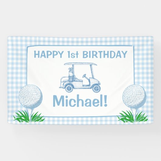 Gat in een blauwe gingham golf partij gelukkige ve spandoek (Horizontaal)