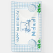 Gat in een blauwe gingham golf partij gelukkige ve spandoek (Verticaal)