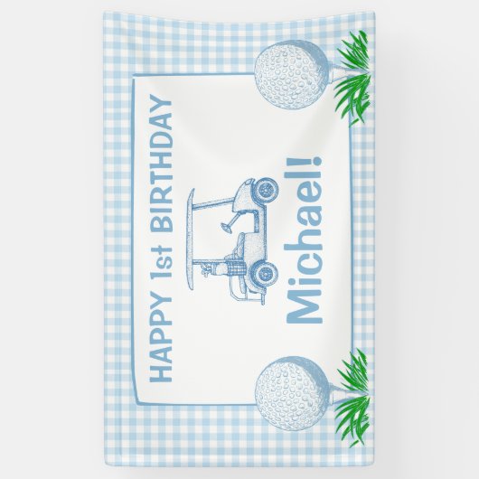 Gat in een blauwe gingham golf partij gelukkige ve spandoek (Verticaal)