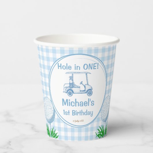 Gat in een blauwe gingham golf partij monogrammed papieren bekers (Achterkant)