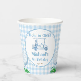 Gat in een blauwe gingham golf partij monogrammed papieren bekers