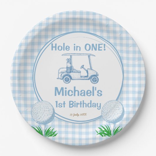 Gat in een blauwe gingham golf partij monogrammed papieren bordje (Voorkant)