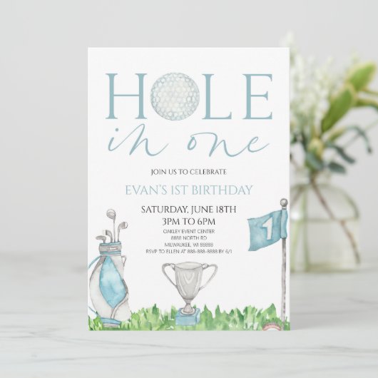 Gat in een blauwe golf 1e verjaardagsfeest kaart (Staand voorkant)