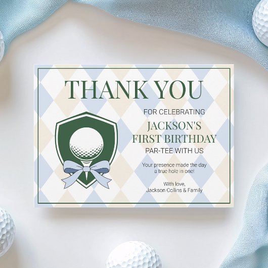 Gat in een blauwe golf jongens moderne 1e verjaard bedankkaart