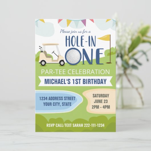 Gat in een eerste verjaardag Golf uitnodiging (Staand voorkant)