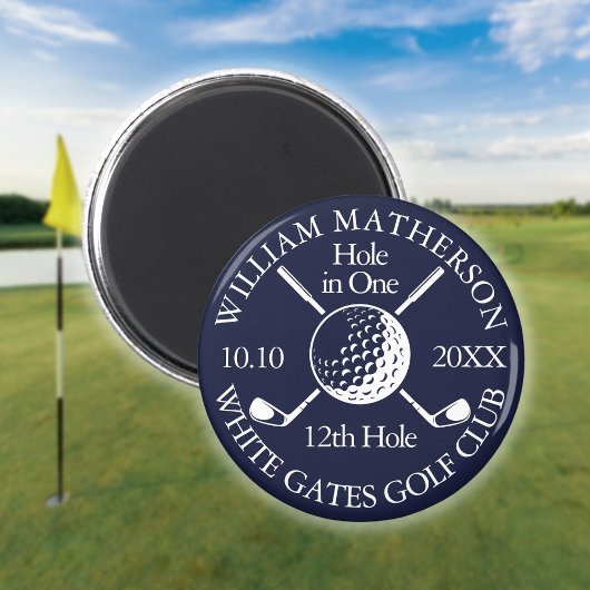 Gat in een golfbal en clubs Navy Blue Magneet