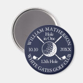 Gat in een golfbal en clubs Navy Blue Magneet (Voorkant / Achterkant)