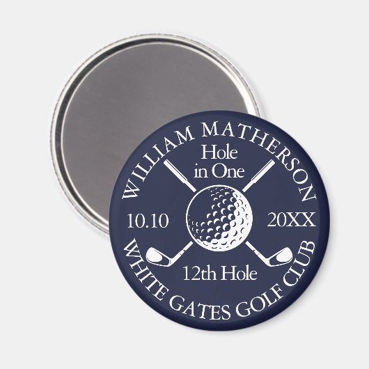 Gat in een golfbal en clubs Navy Blue Magneet (Voorkant / Achterkant)