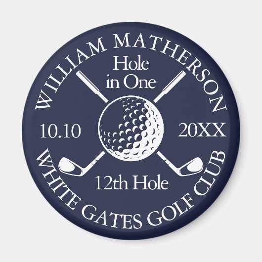 Gat in een golfbal en clubs Navy Blue Magneet (Voorkant)