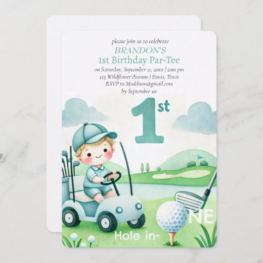 Gat in een golfjongen 1e verjaardag Par-T-shirt Kaart (Voorkant / Achterkant)