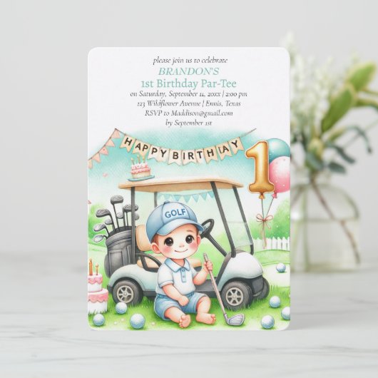 Gat in een golfjongen 1e verjaardag Par-T-shirt Kaart (Staand voorkant)
