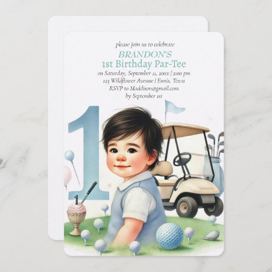 Gat in een golfjongen 1e verjaardag Par-T-shirt Kaart (Voorkant / Achterkant)